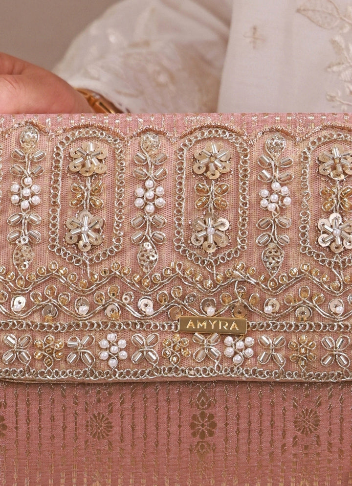 Blush Pink Embroidered Organza Silk Flapover Bag
