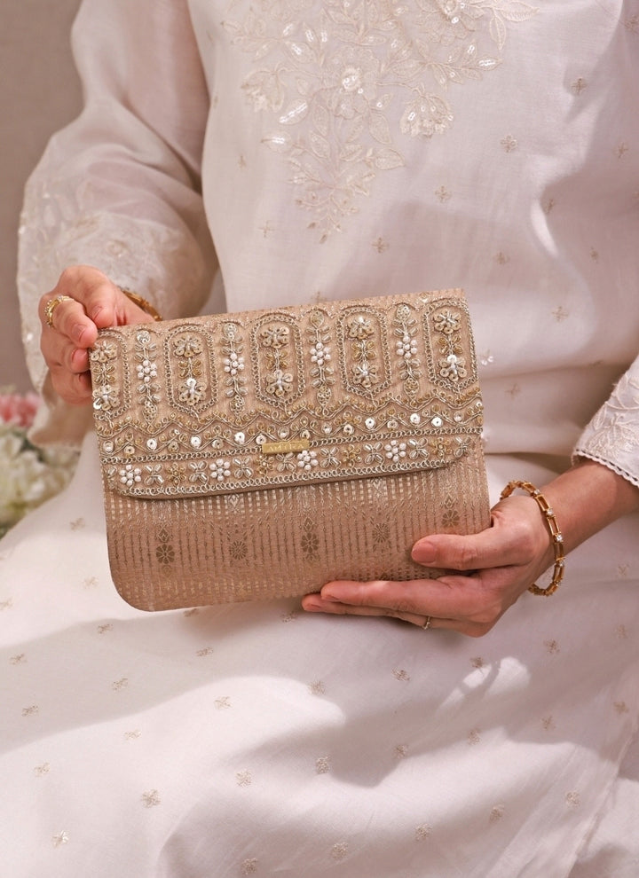 Beige Embroidered Organza Silk Flapover Bag