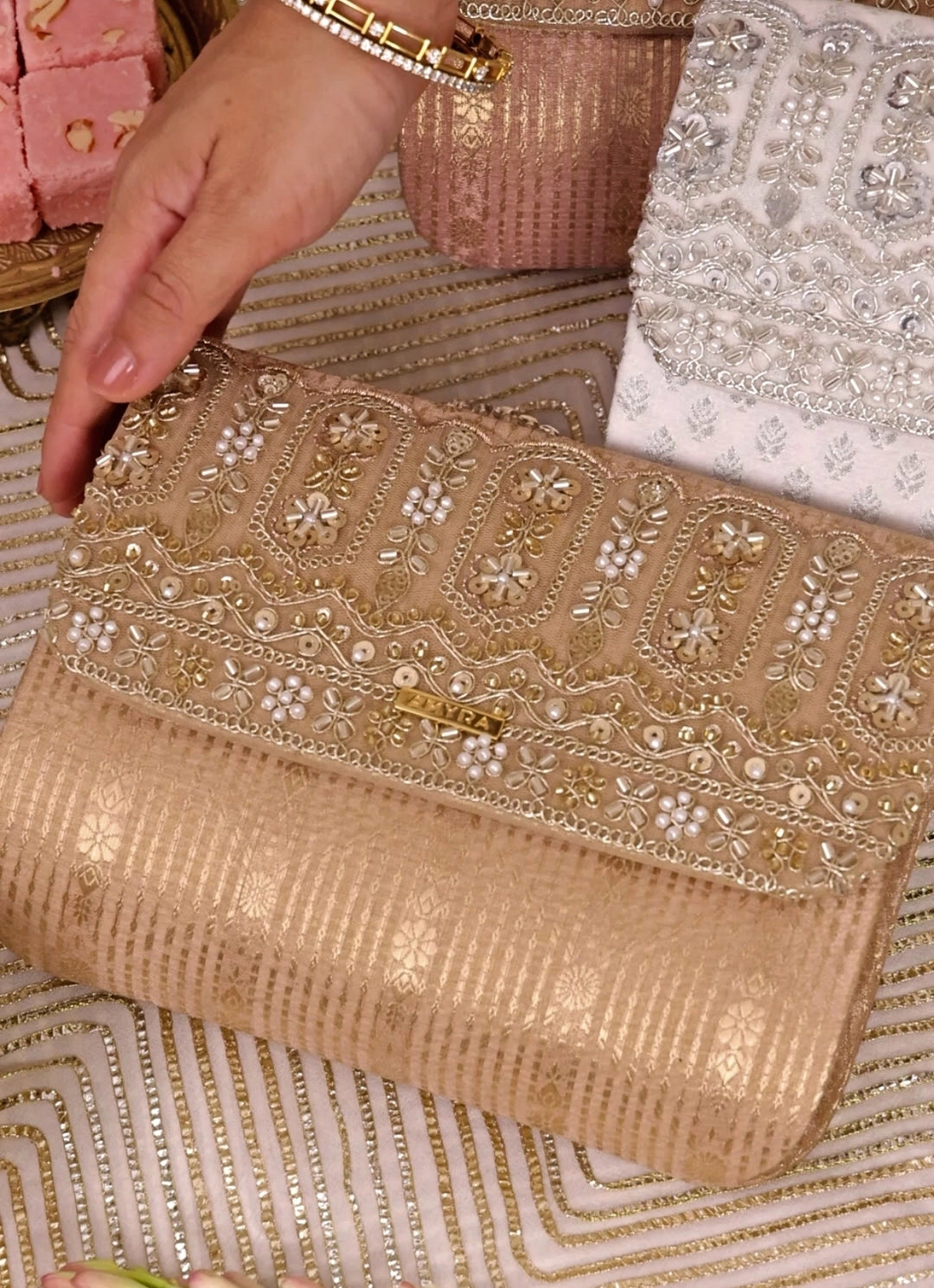 Beige Embroidered Organza Silk Flapover Bag