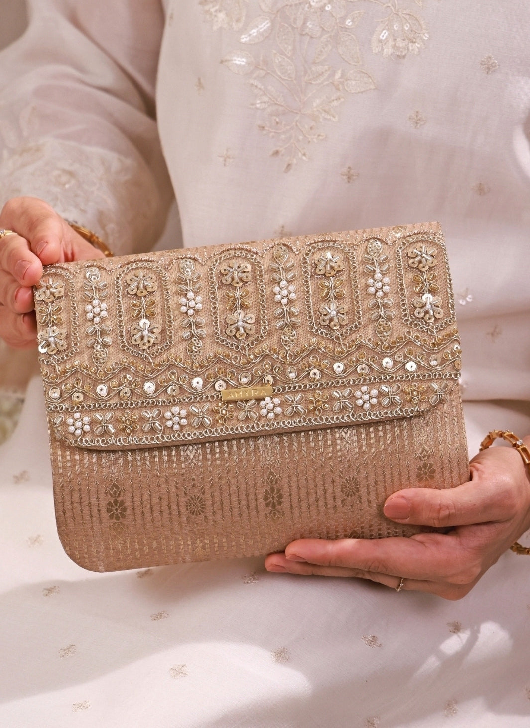 Beige Embroidered Organza Silk Flapover Bag