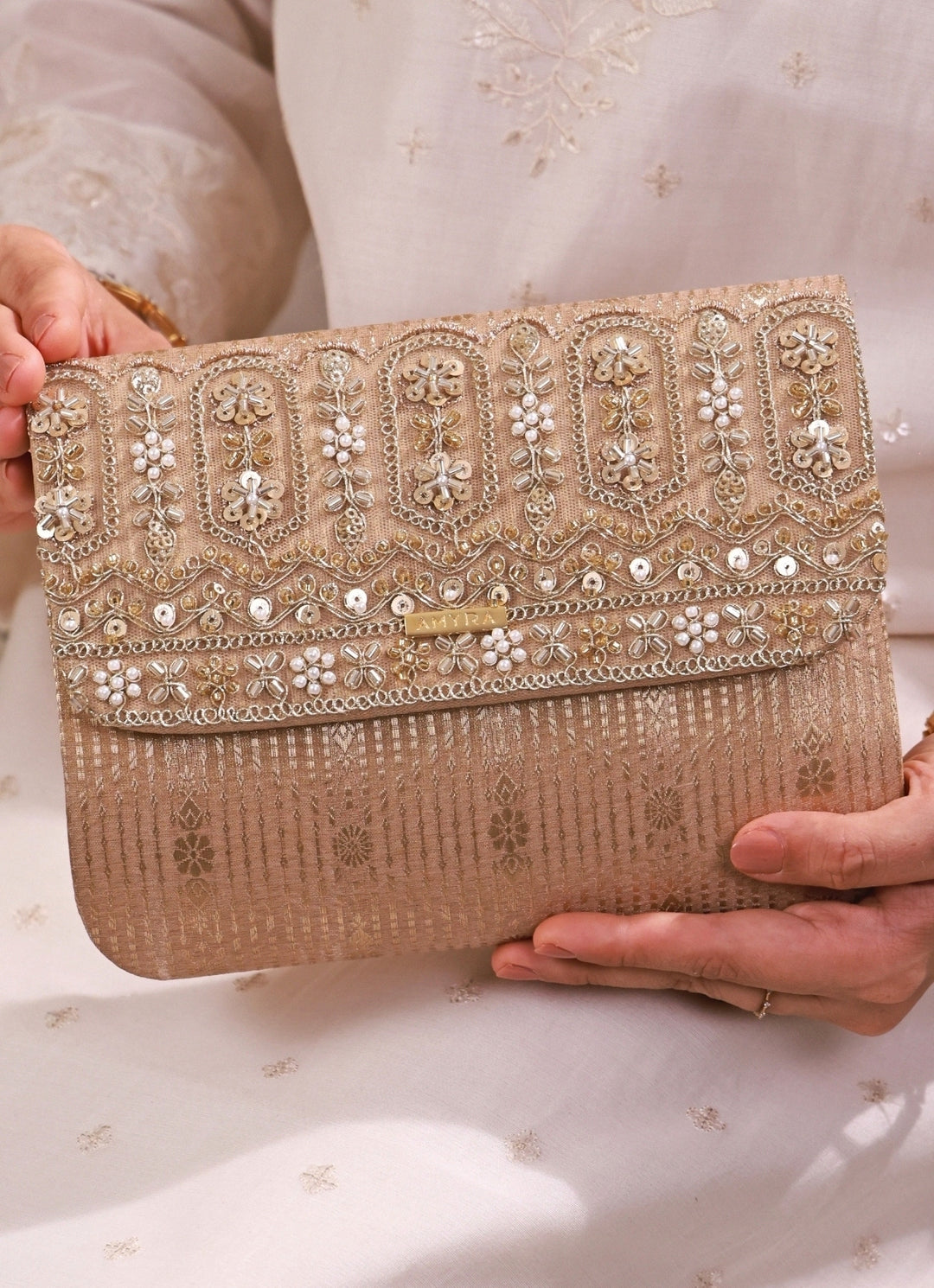 Beige Embroidered Organza Silk Flapover Bag