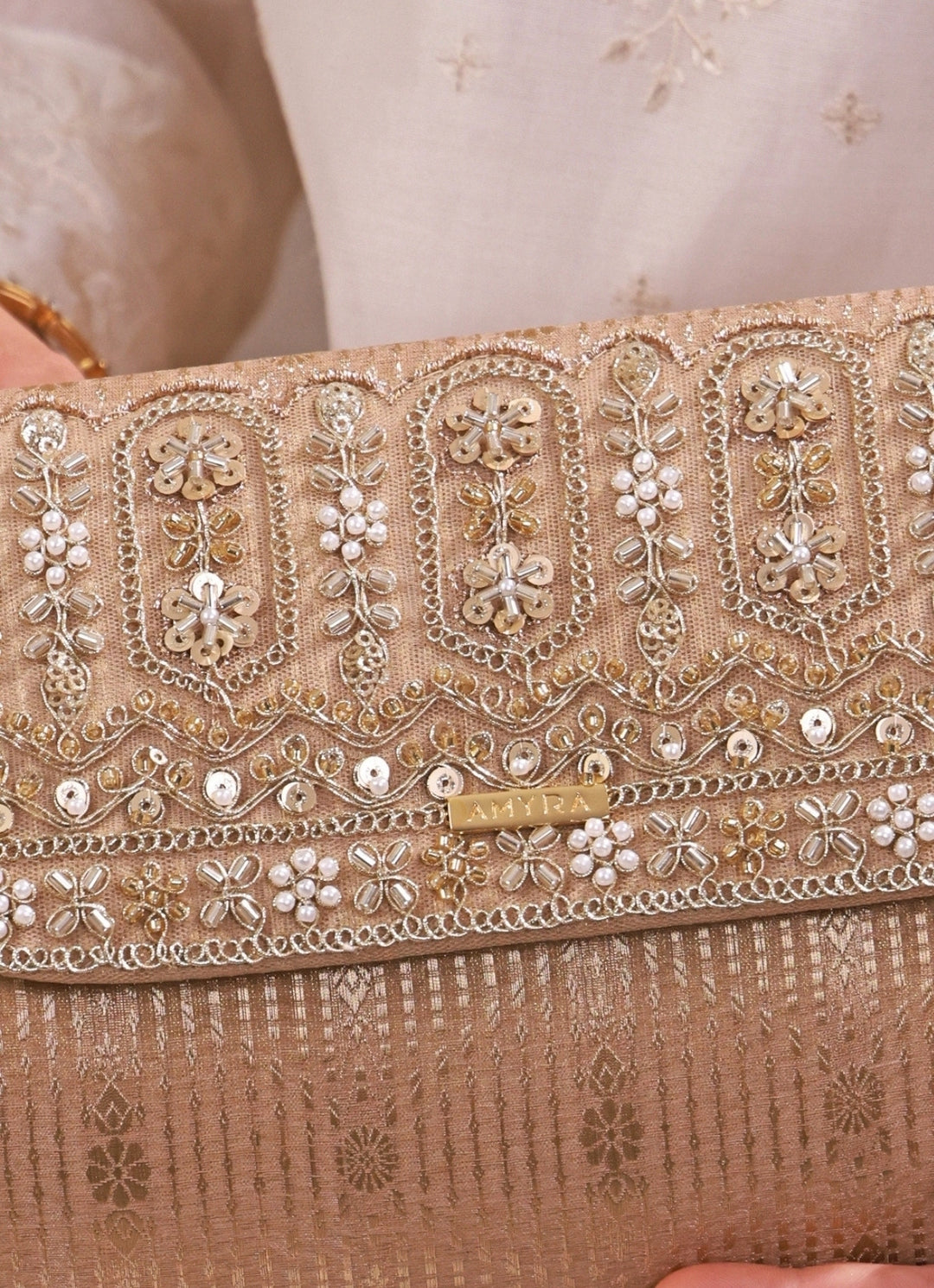 Beige Embroidered Organza Silk Flapover Bag