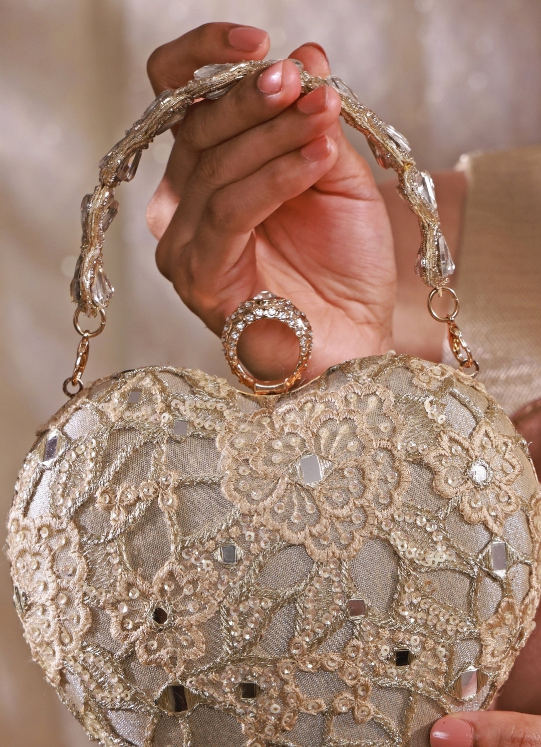 Gold Embroidered Tissue Heart Clutch