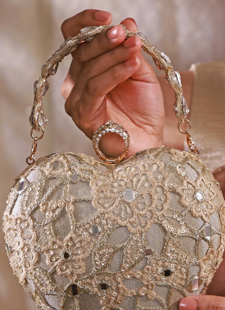 Gold Embroidered Tissue Heart Clutch