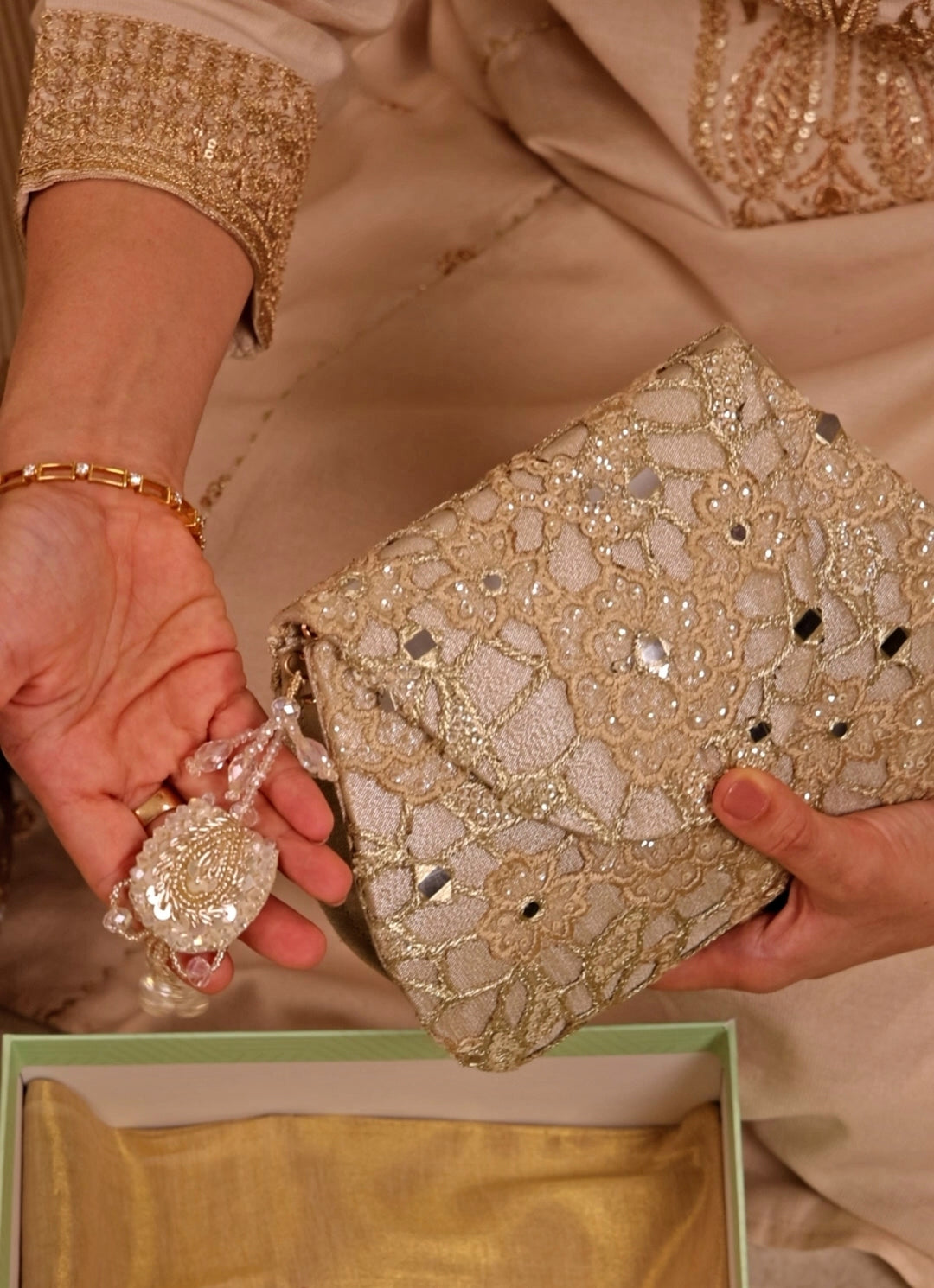 Gold Embroidered Tissue Flapover Bag