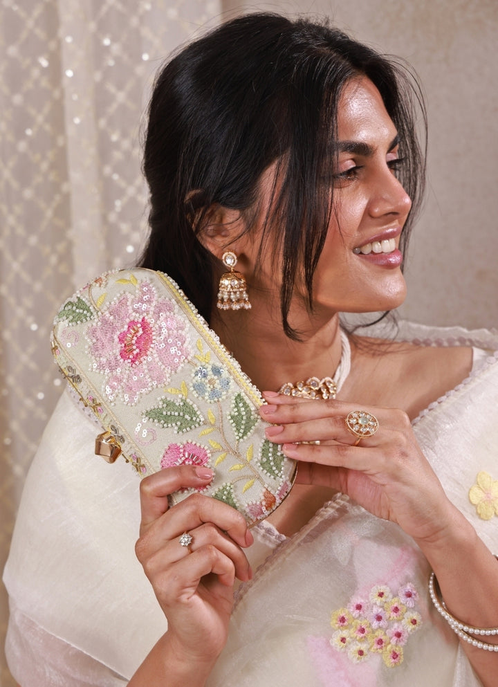 Multicolor Floral Embroidered Silk Capsule Clutch