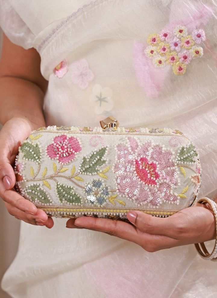 Multicolor Floral Embroidered Silk Capsule Clutch