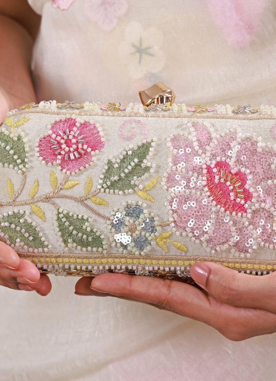 Multicolor Floral Embroidered Silk Capsule Clutch