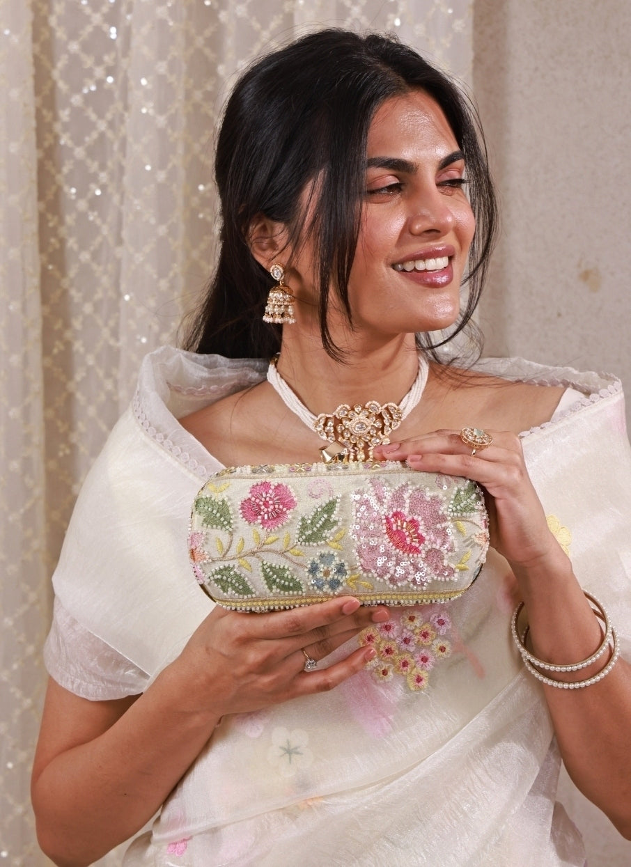 Multicolor Floral Embroidered Silk Capsule Clutch