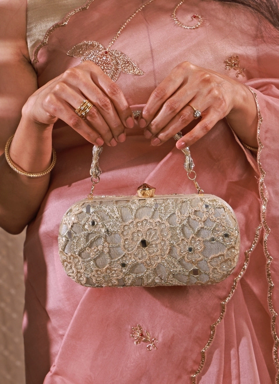 Gold Embroidered Tissue Capsule Clutch