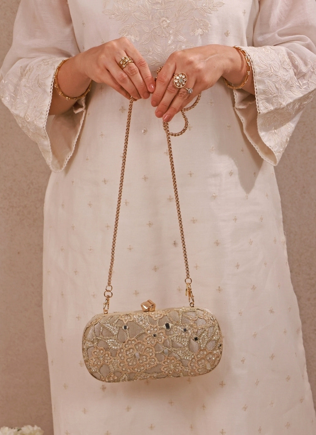 Gold Embroidered Tissue Capsule Clutch