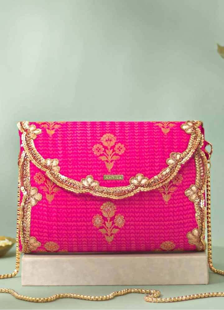Pink Silk Flapover Clutch