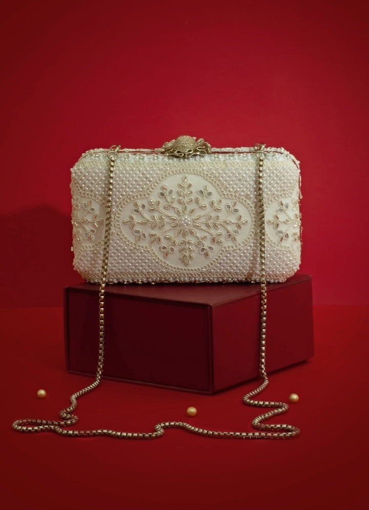 Silver Pearl Embroidered Clutch