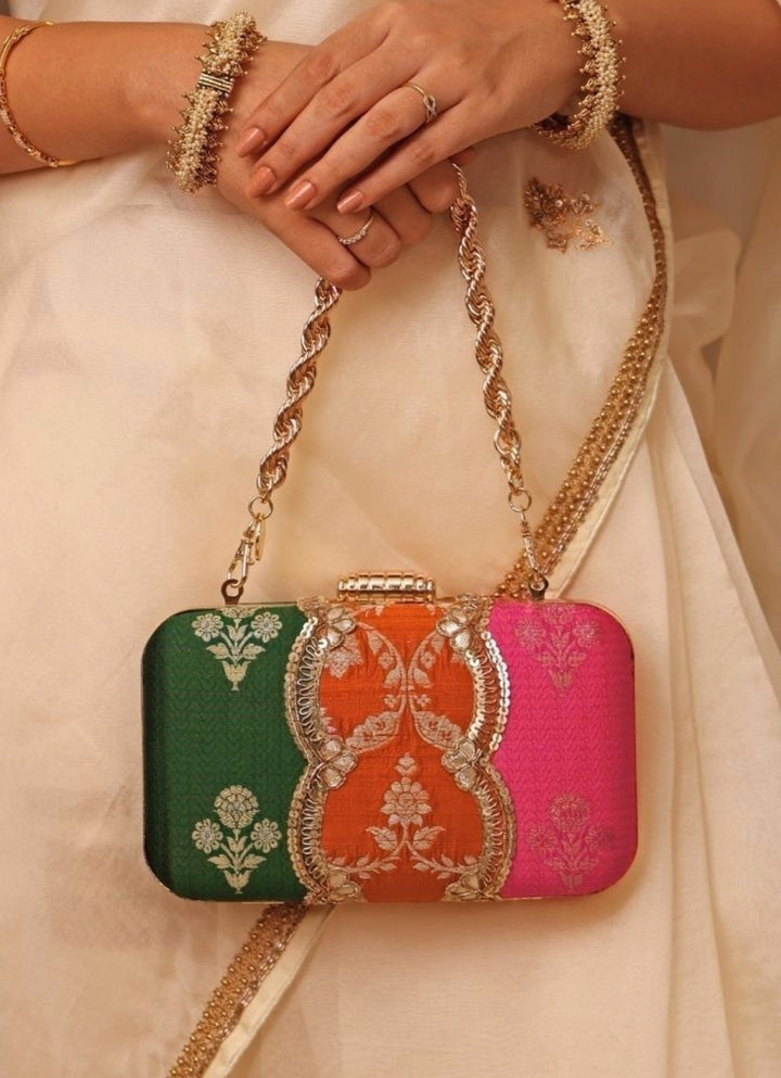 Multicolor Pure Silk Box Clutch
