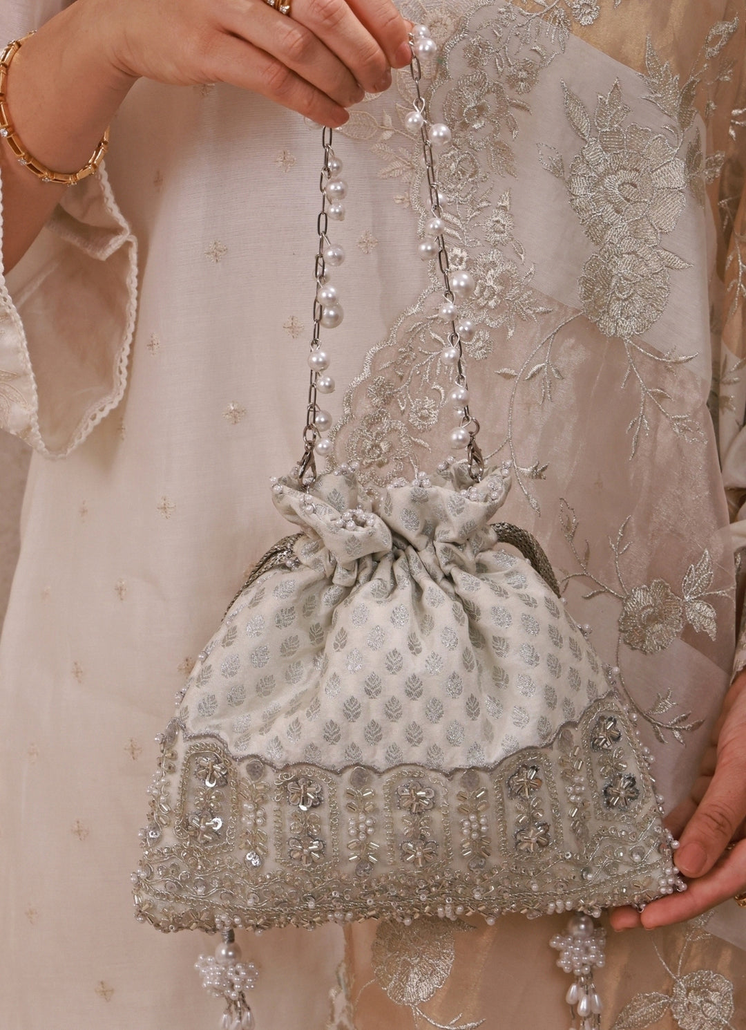 Silver Brocade Silk Potli