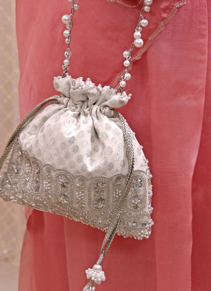 Silver Brocade Silk Potli