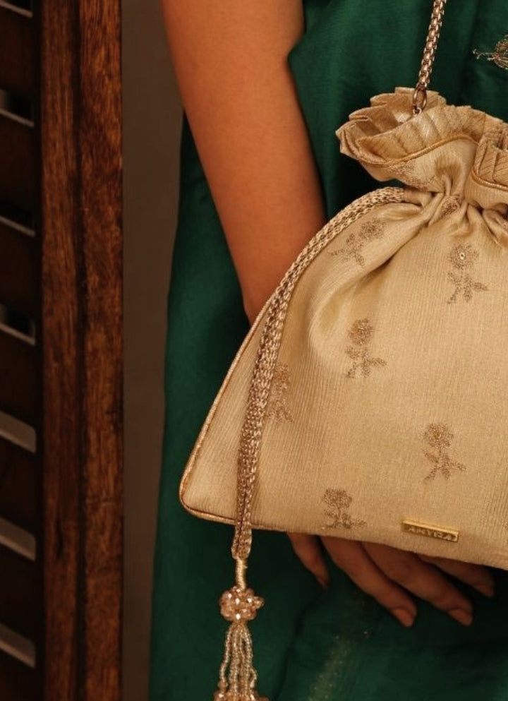 Beige Embroidered Georgette Potli