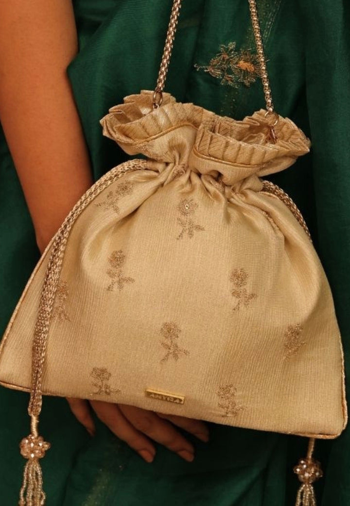 Beige Embroidered Georgette Potli