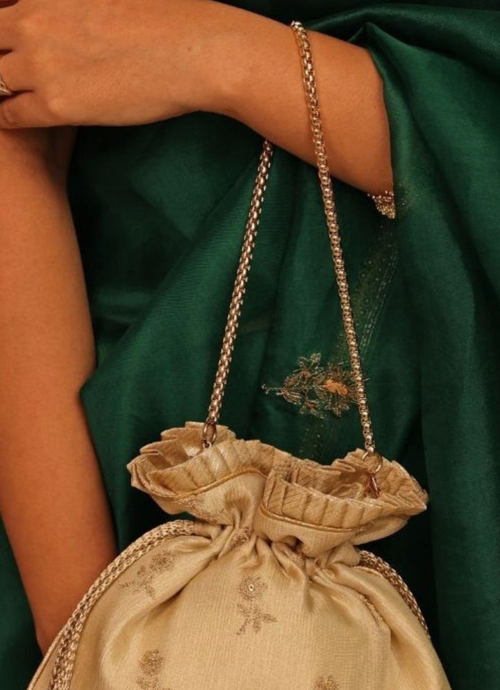 Beige Embroidered Georgette Potli
