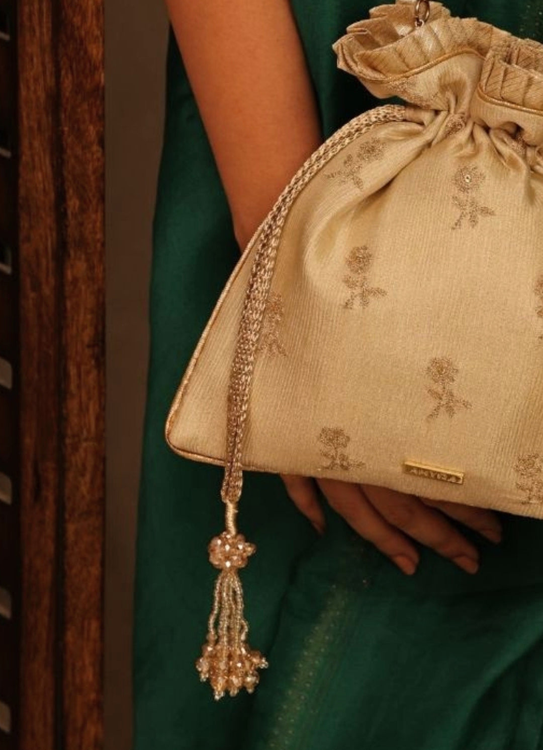 Beige Embroidered Georgette Potli