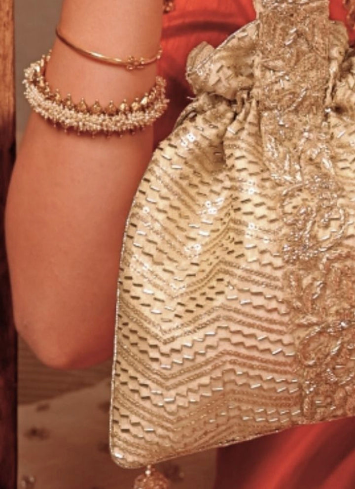 Gold Embroidered Silk Top Handle Potli