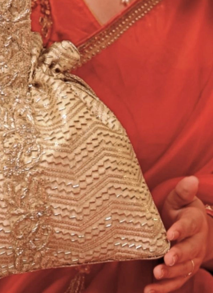 Gold Embroidered Silk Top Handle Potli
