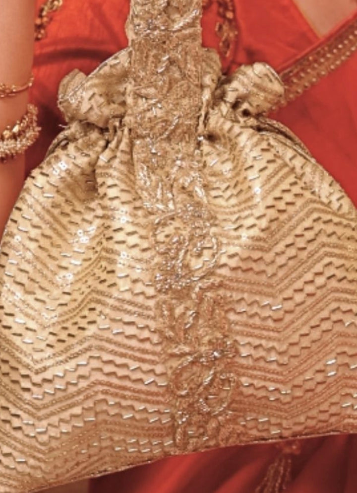 Gold Embroidered Silk Top Handle Potli