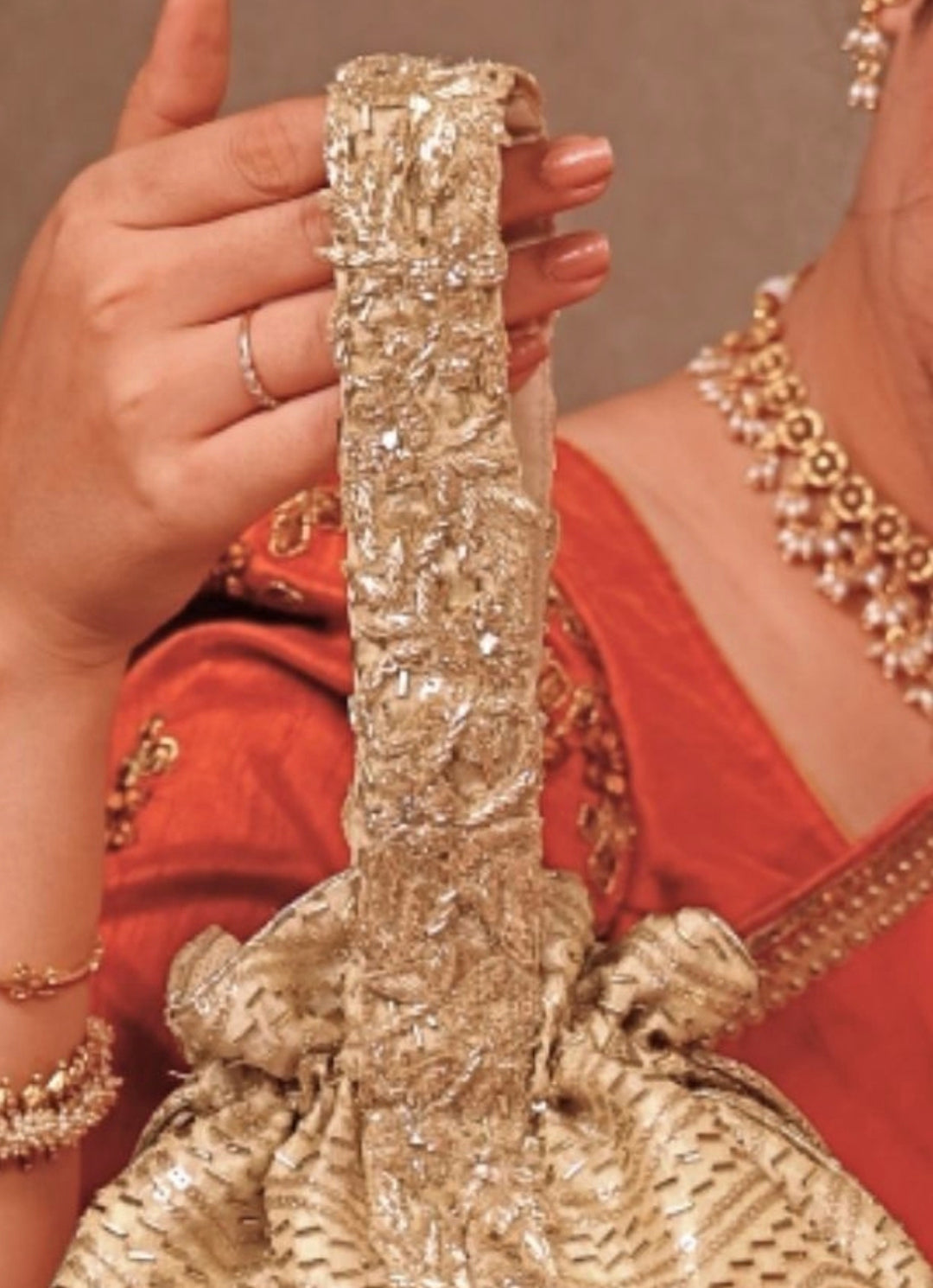 Gold Embroidered Silk Top Handle Potli