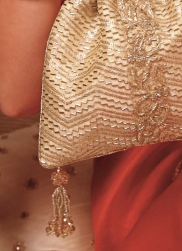 Gold Embroidered Silk Top Handle Potli