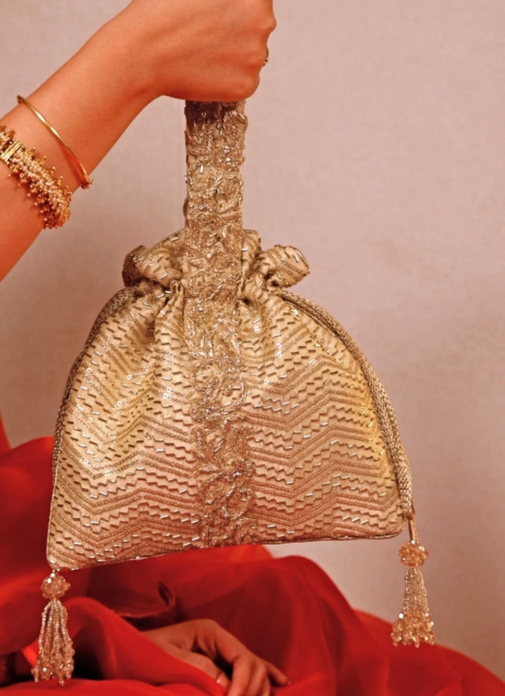 Gold Embroidered Silk Top Handle Potli