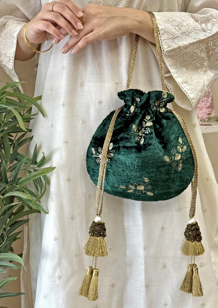 Green Embroidered  Velvet Potli