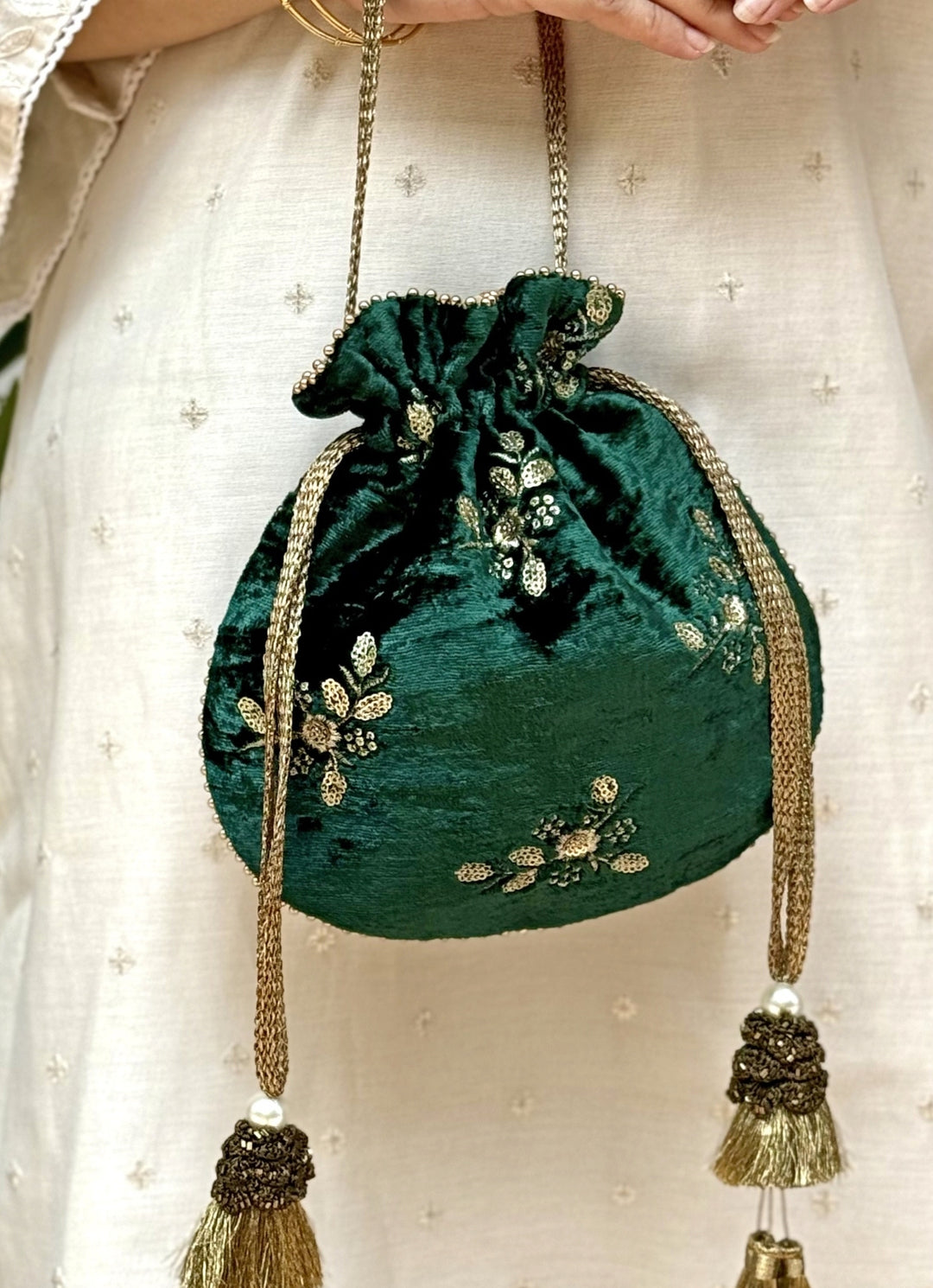 Green Embroidered  Velvet Potli