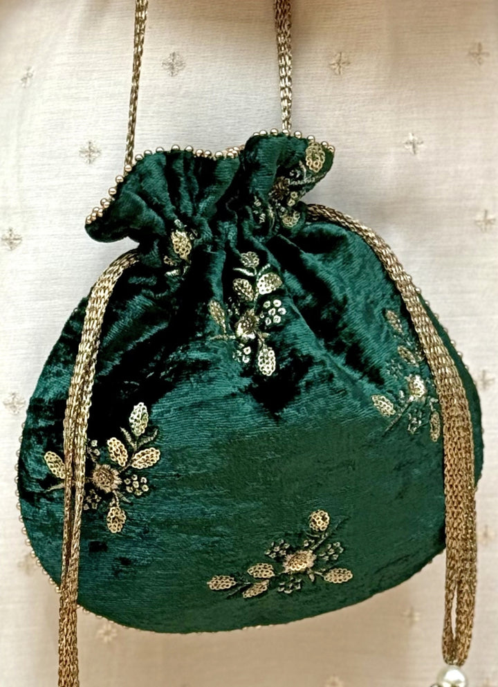 Green Embroidered  Velvet Potli