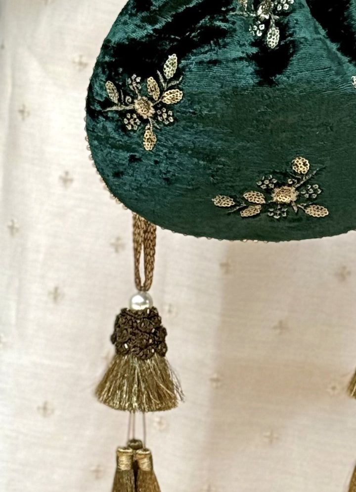 Green Embroidered  Velvet Potli