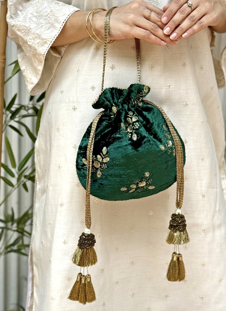 Green Embroidered  Velvet Potli