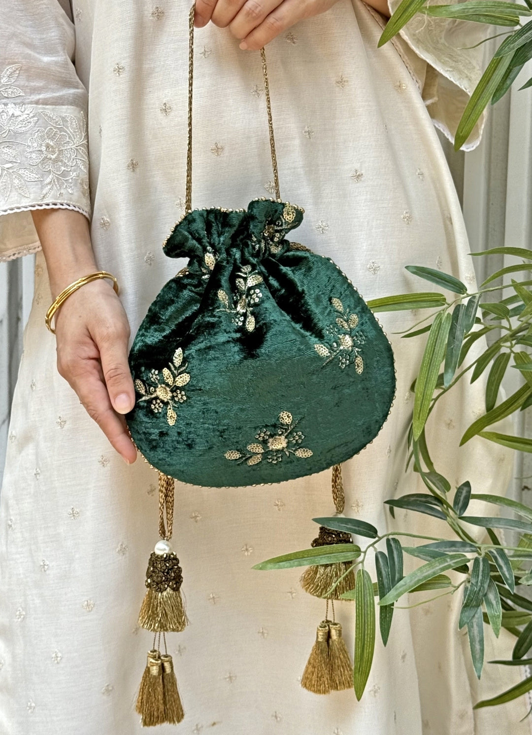 Green Embroidered  Velvet Potli