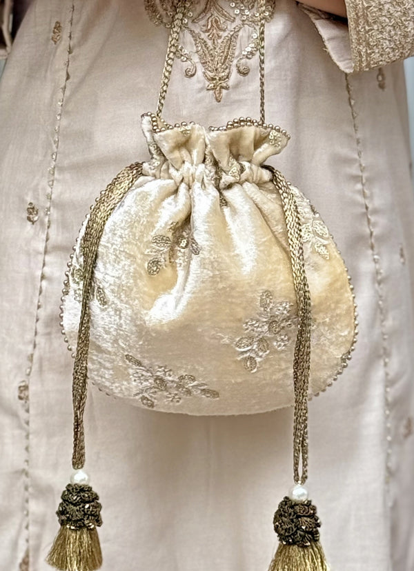Ivory Embroidered  Velvet Potli
