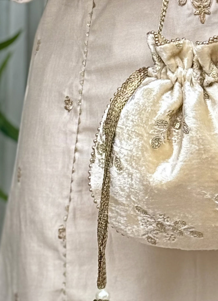Ivory Embroidered  Velvet Potli