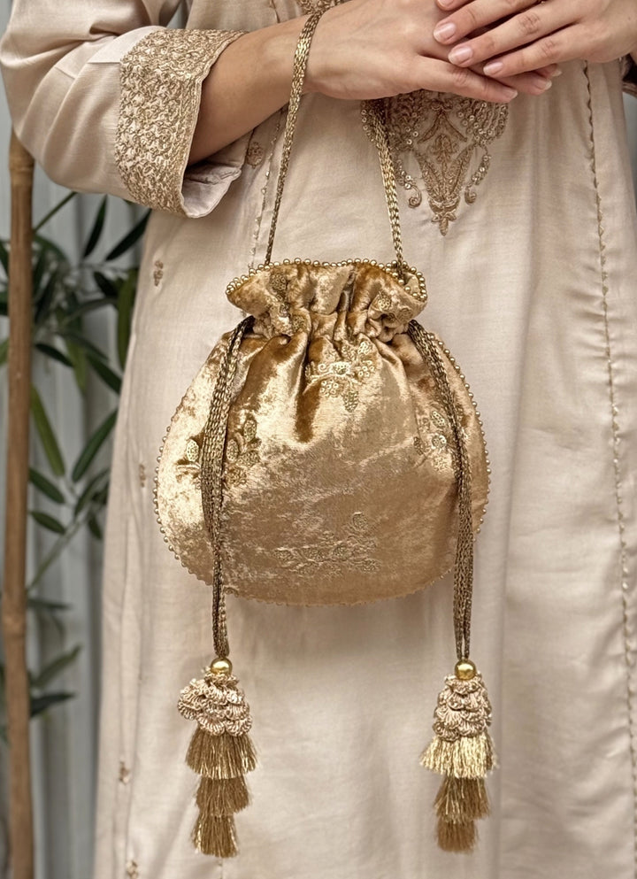 Gold Embroidered  Velvet Potli
