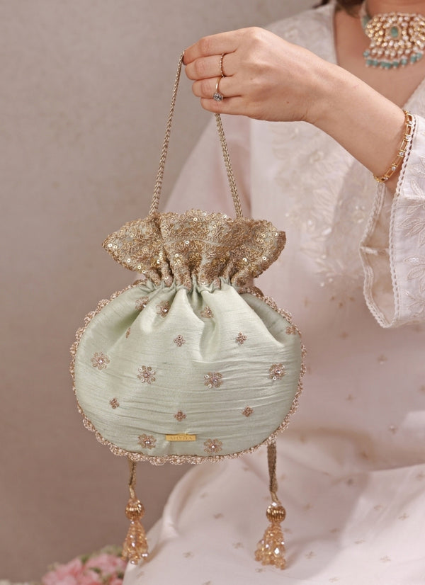 Mint Green Embroidered Silk Potli