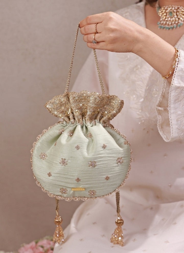 Mint Green Embroidered Silk Potli