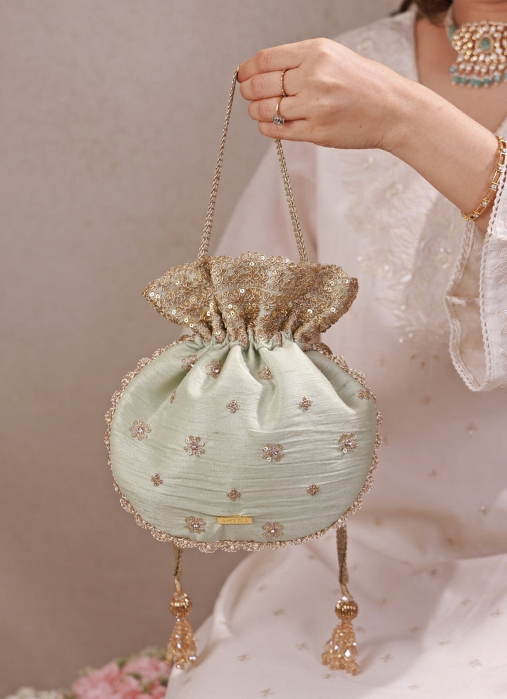 Mint Green Embroidered Silk Potli