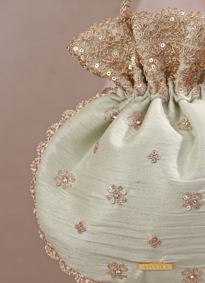Mint Green Embroidered Silk Potli