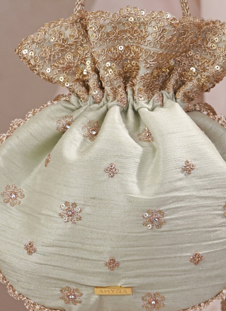 Mint Green Embroidered Silk Potli
