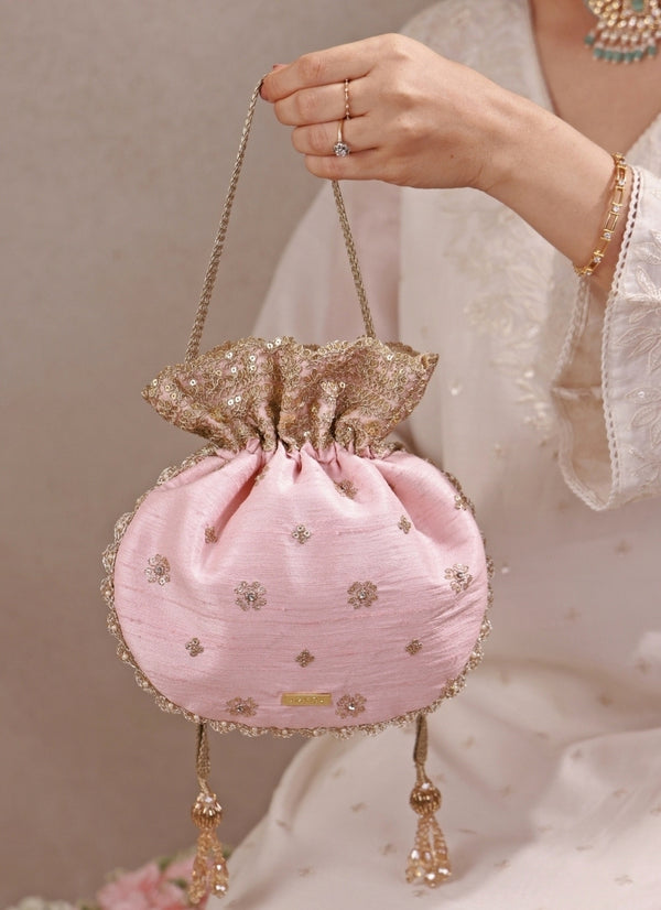 Peach Pink Embroidered Silk Potli