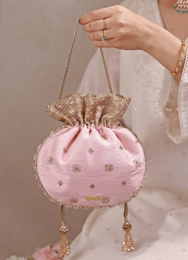 Peach Pink Embroidered Silk Potli