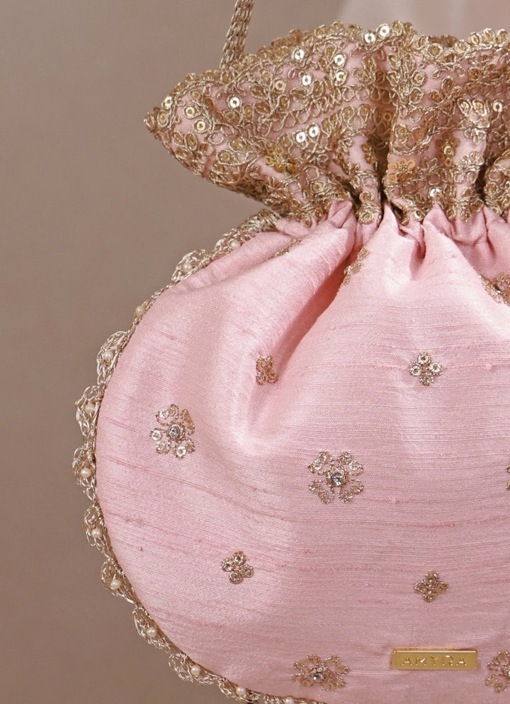Peach Pink Embroidered Silk Potli