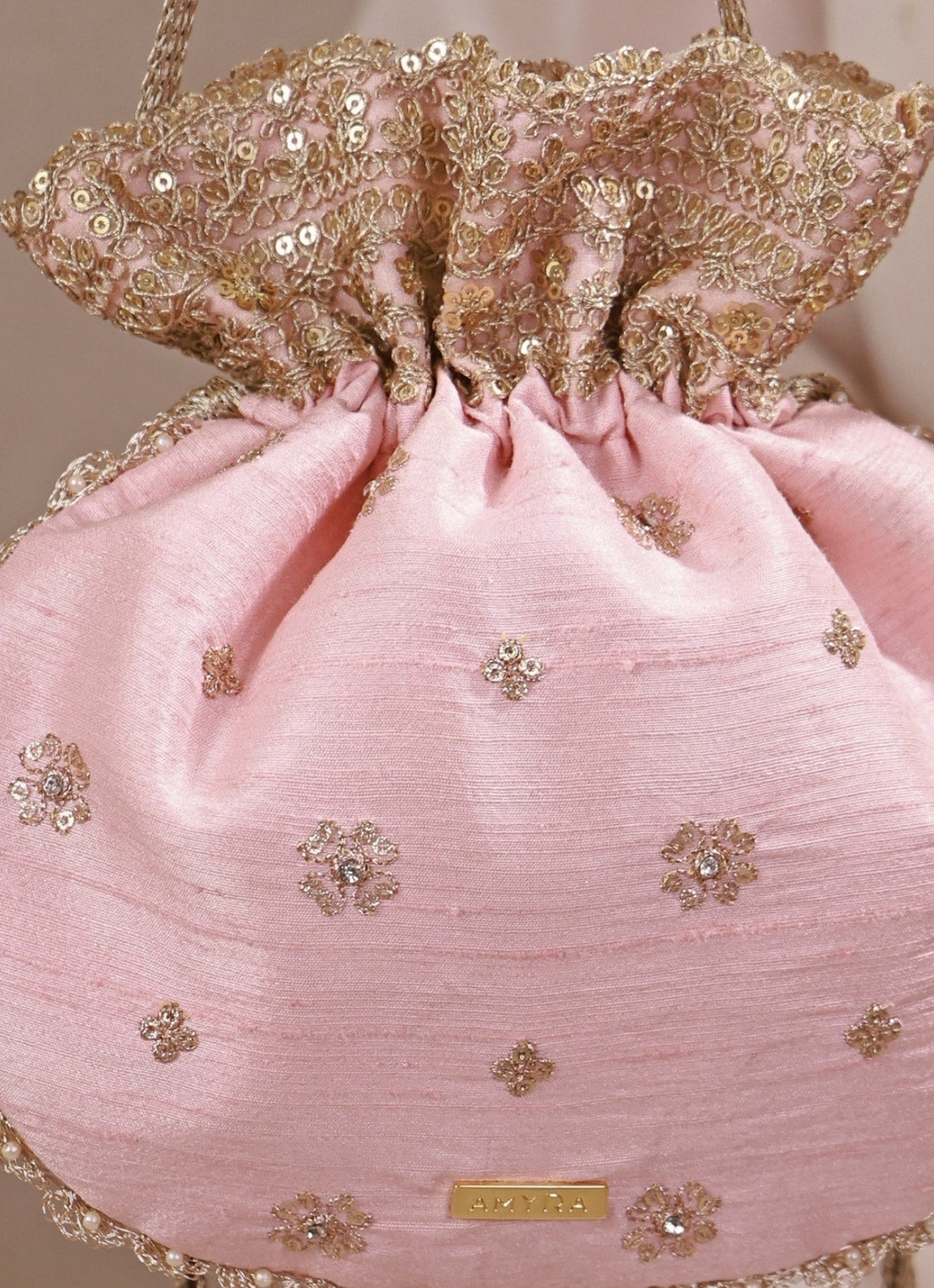 Peach Pink Embroidered Silk Potli