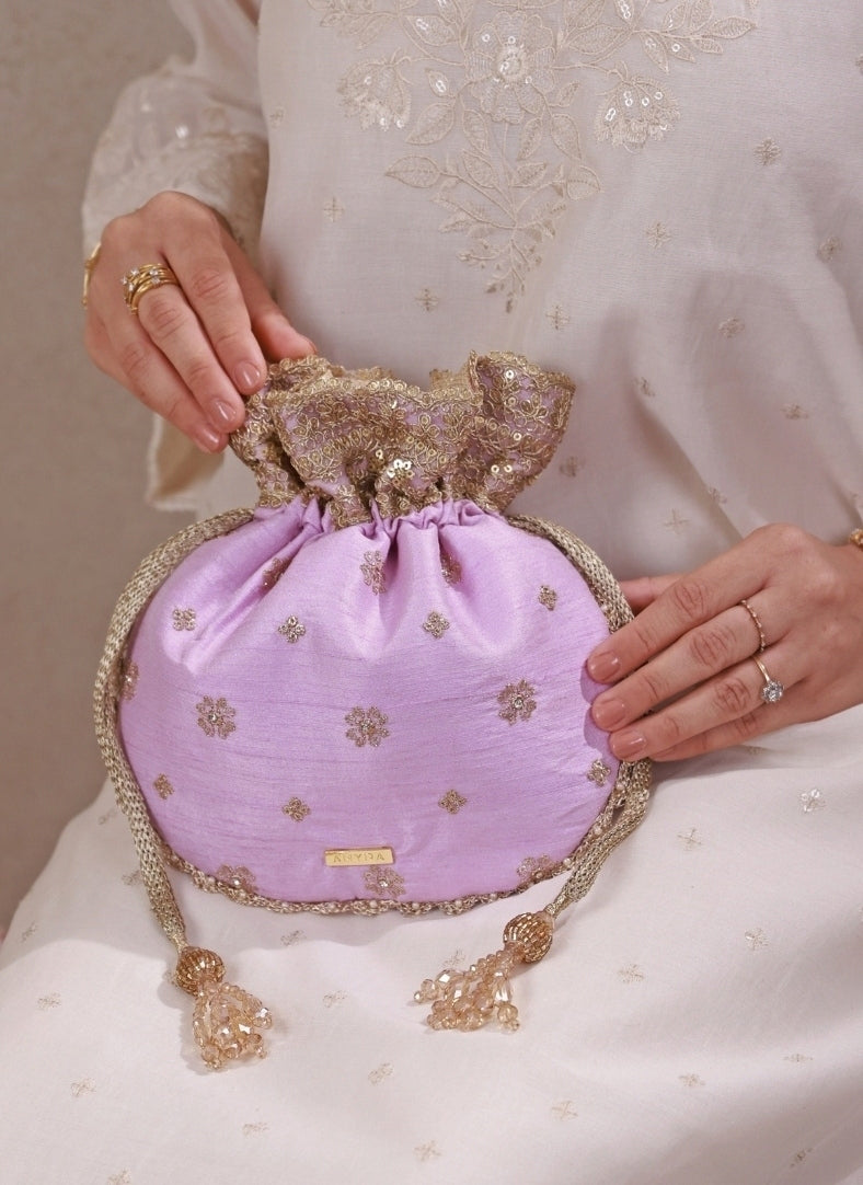 Lilac Embroidered Silk Potli