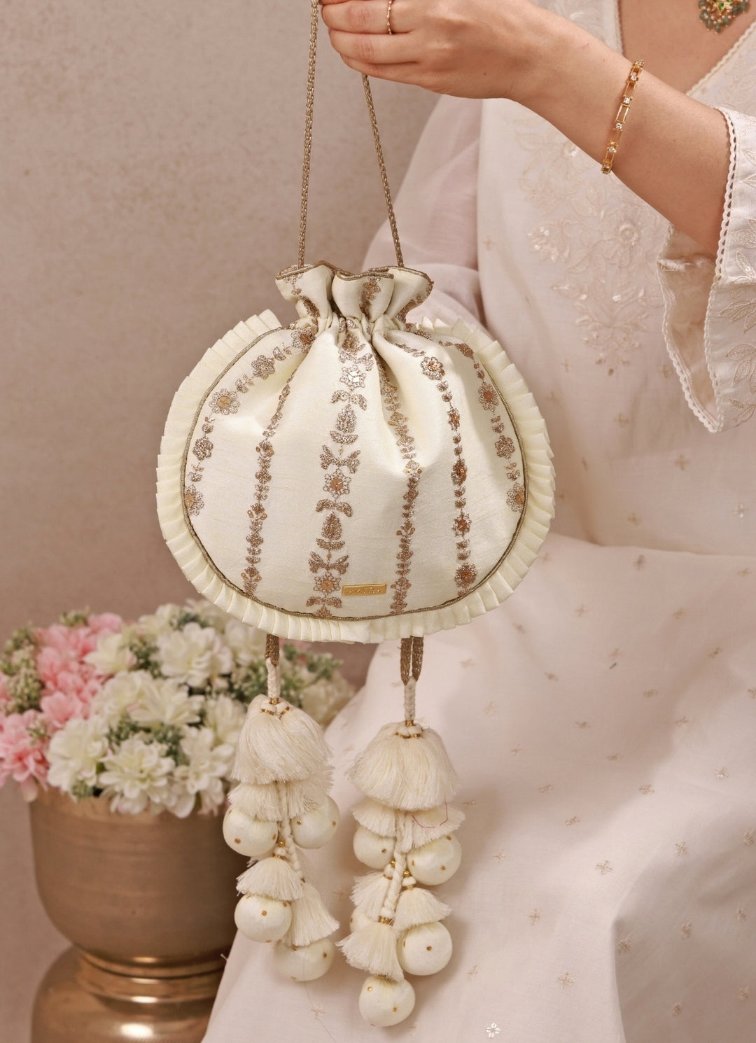 Ivory Embroidered Silk Pleated Potli